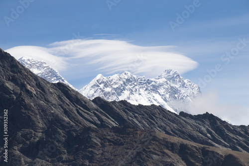 Scenic view of Mount Everest 8,848 m and Lhotse 8,516 m at gokyo ri mountain peak near gokyo lake during everest base camp trekking nepal