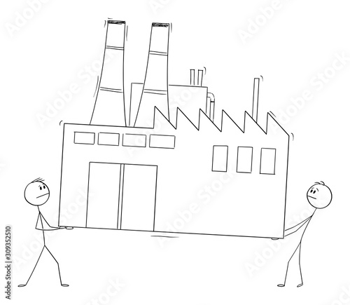 Vector cartoon stick figure drawing conceptual illustration of two men or businessmen carrying the factory, business concept of relocating or moving of manufacturing sector to low-cost country.