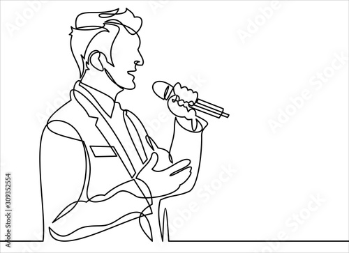 Business conference, business meeting. Man at rostrum in front of audience. Public speaker giving a talk at conference hall- continuous line drawing