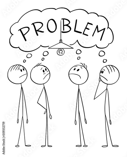 Vector cartoon stick figure drawing conceptual illustration of group of men or businessmen solving complex problem how to change malfunction light bulb.