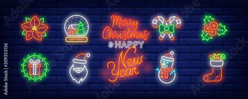 Christmas decor neon sign set. Poinsettia, mistletoe, wreath, gift. Vector illustration in neon style, bright banner for topics like Xmas, December holidays, decoration