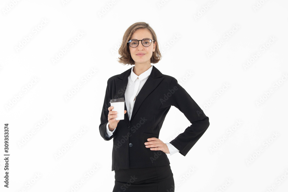 Portrait of smiling business woman holding a coffee cup , isolated on white background