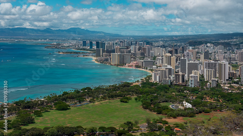 Panoramic vistas from Diamond Head view point towards Waikiki Beach, beachfront lined with towering hotels and holiday accommodation, exquisite restaurants and shops, Honolulu, Oahu Island, Hawaii, US