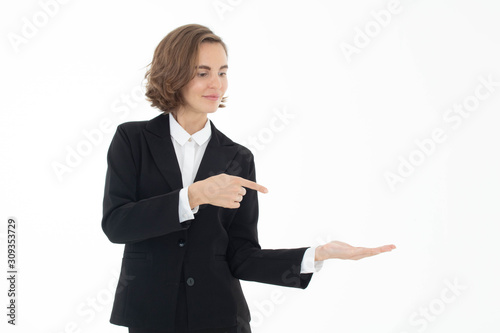Portrait of young business woman on white isolated background.