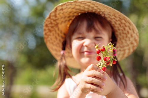 Fresh wild strawberries closeup. Little girl holding strawberry in hand.
