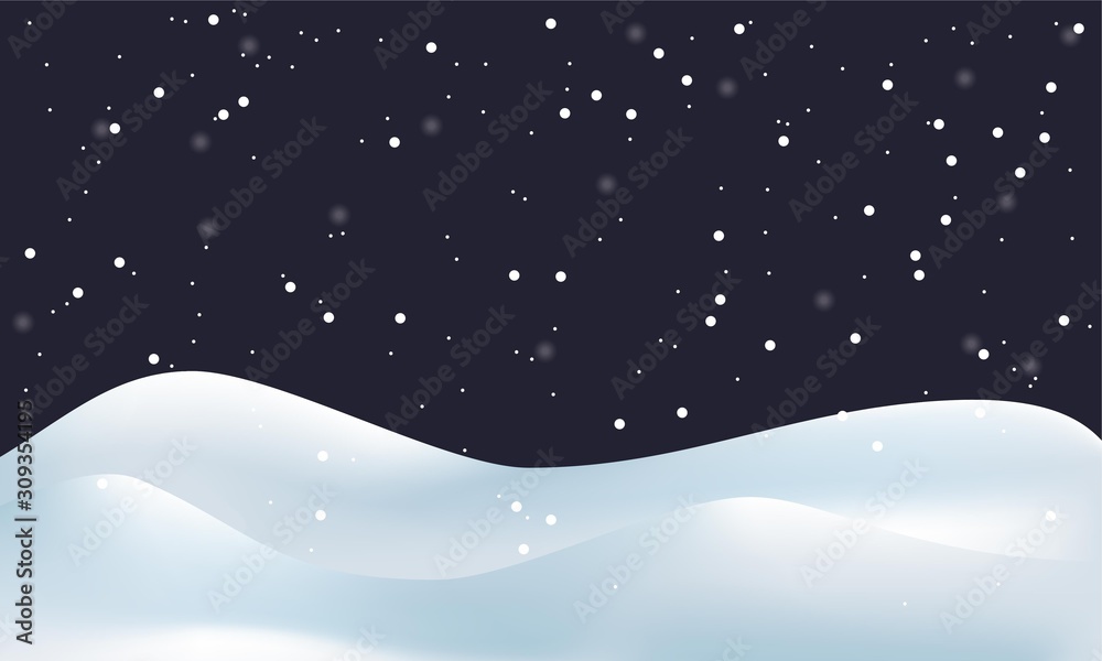 Snowy landscape with snowfall. Vector illustration of winter decoration. Snow background.