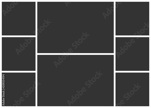 Photo collage layout for image montage. 8 parts frame. Ready empty photo collage template eight parts. Vector mockup.