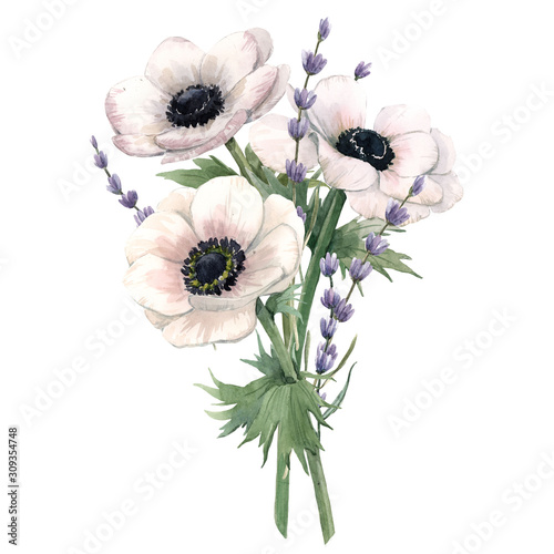 Fotografiet Beautiful watercolor floral bouquet with anemone and lavanda flowers
