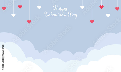 Hintergrund in Papierschnitt, Wolken und Herzen hängen von der Decke. Blau Banner, Freisteller. Valentinstag	