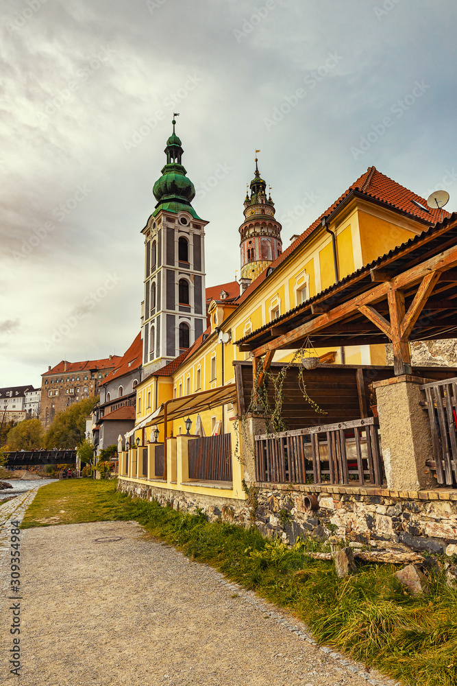 Historical center of Cesky Krumlov, famous old town, popular tourist destination in Czech Republic