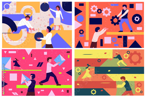 Teamwork flat vector illustration. Coworkers characters communication. Team building and business partnership concepts. Businessmen people and geometrical shapes cooperation, collaboration.