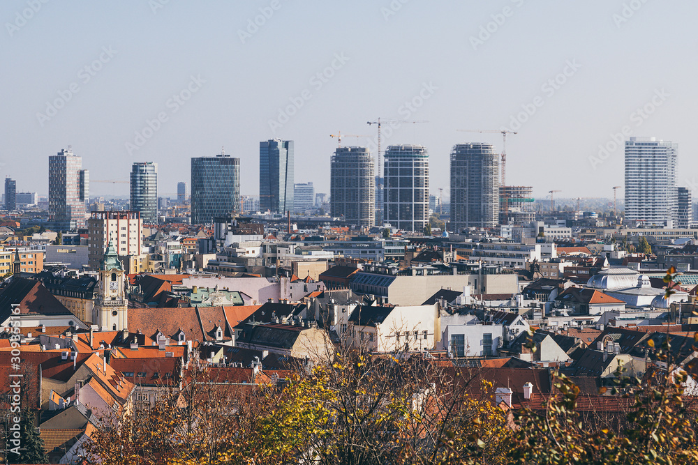 Bratislava city view with historical center and modern business district construction on the background