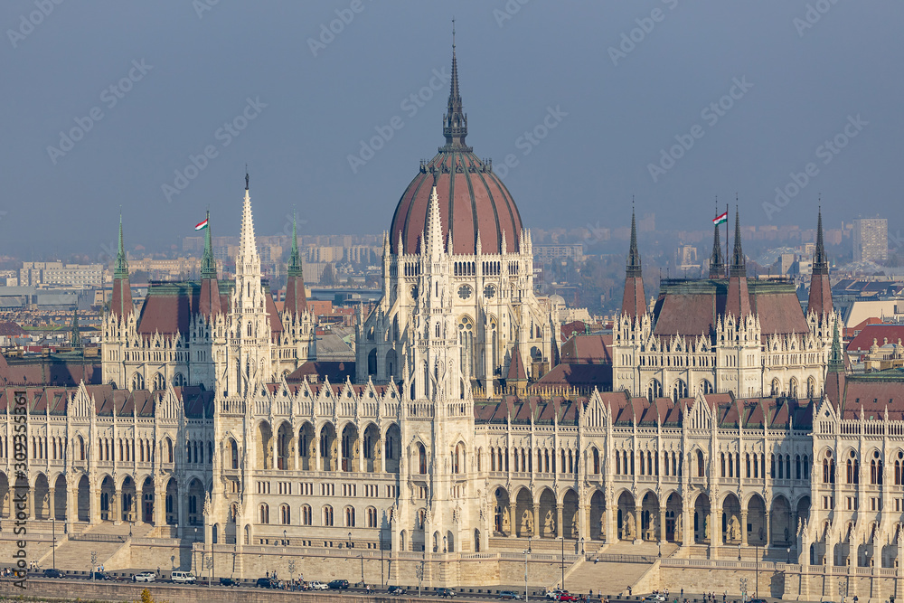 Hungarian Parliament famous building on Danube river in Budapest city
