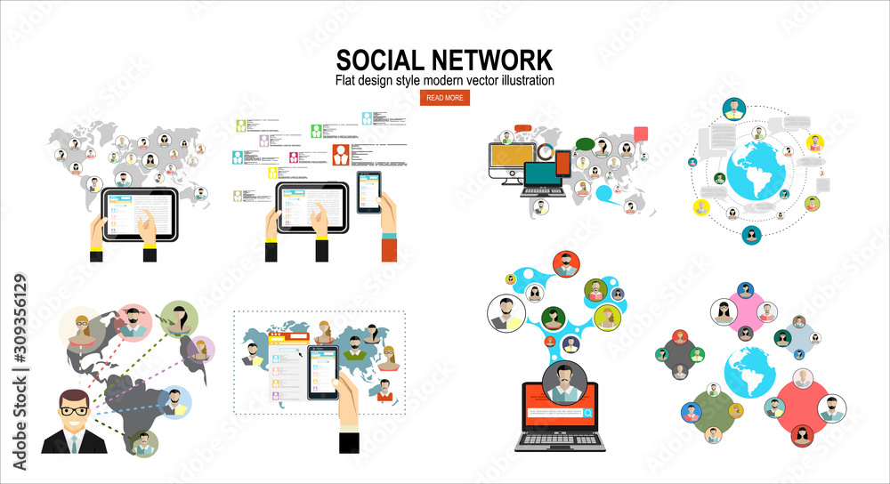 Social Network Vector Concept. Flat Design Illustration for Web Sites Infographic Design. Communication Systems and Technologies.