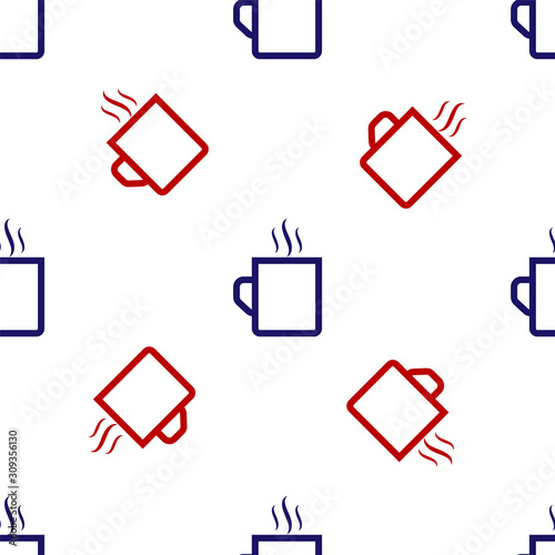 Blue and red Coffee cup flat icon isolated seamless pattern on white background. Tea cup. Hot drink coffee. Vector Illustration