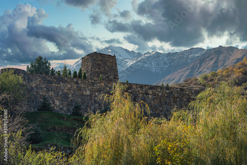 ruins of a fortress in the mountains of the Caucasus. © Aliaksei