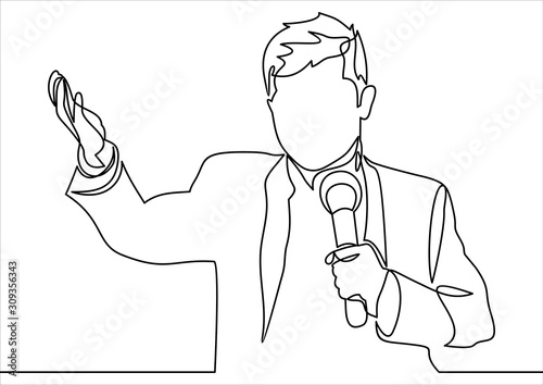 Business conference, business meeting. Man at rostrum in front of audience. Public speaker giving a talk at conference hall- continuous line drawing