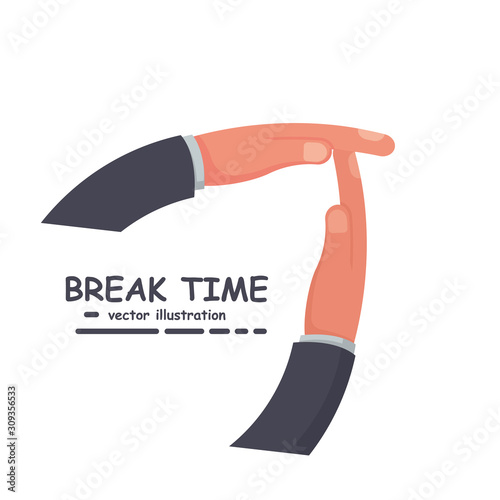 Businessman hands signaled a break from work. Gesture hands time-out. Vector illustration flat design style.Isolated male hands symbolizing a break.