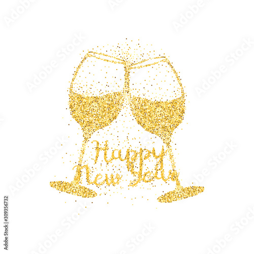 Two glasses of golden dust hit. Calligraphic text Happy New Year. 2020. Bright sparkles. Simple greetings template. Brochure card, banner with wishes. Vector illustration. Isolated on background.