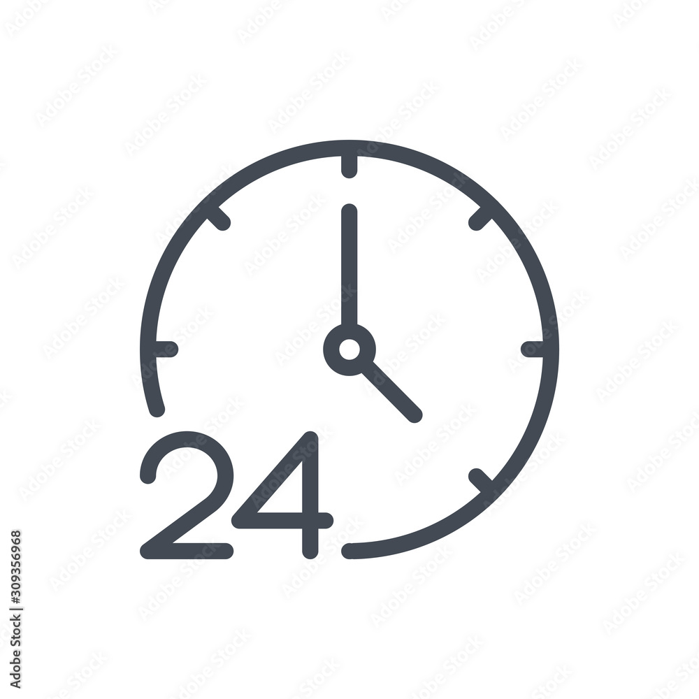 24 hour time clock line icon. Watch with 24 support vector outline sign. 24 hour time clock line icon. Watch with 24 support vector outline sign.