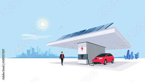 Electric car parking charging at smart modern charger station. Renewable energy storage stand with solar panels and city skyline in background. Sustainable eco future transport. Vector illustration.