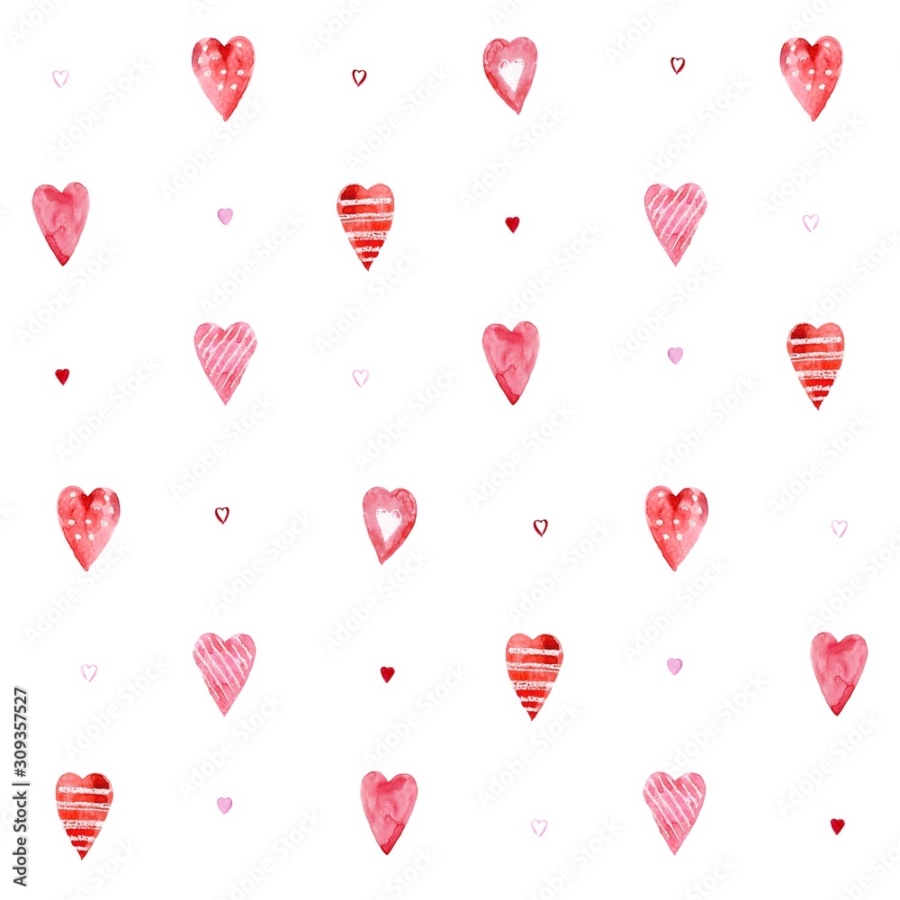 Seamless watercolor pattern of pink hearts on a white background.