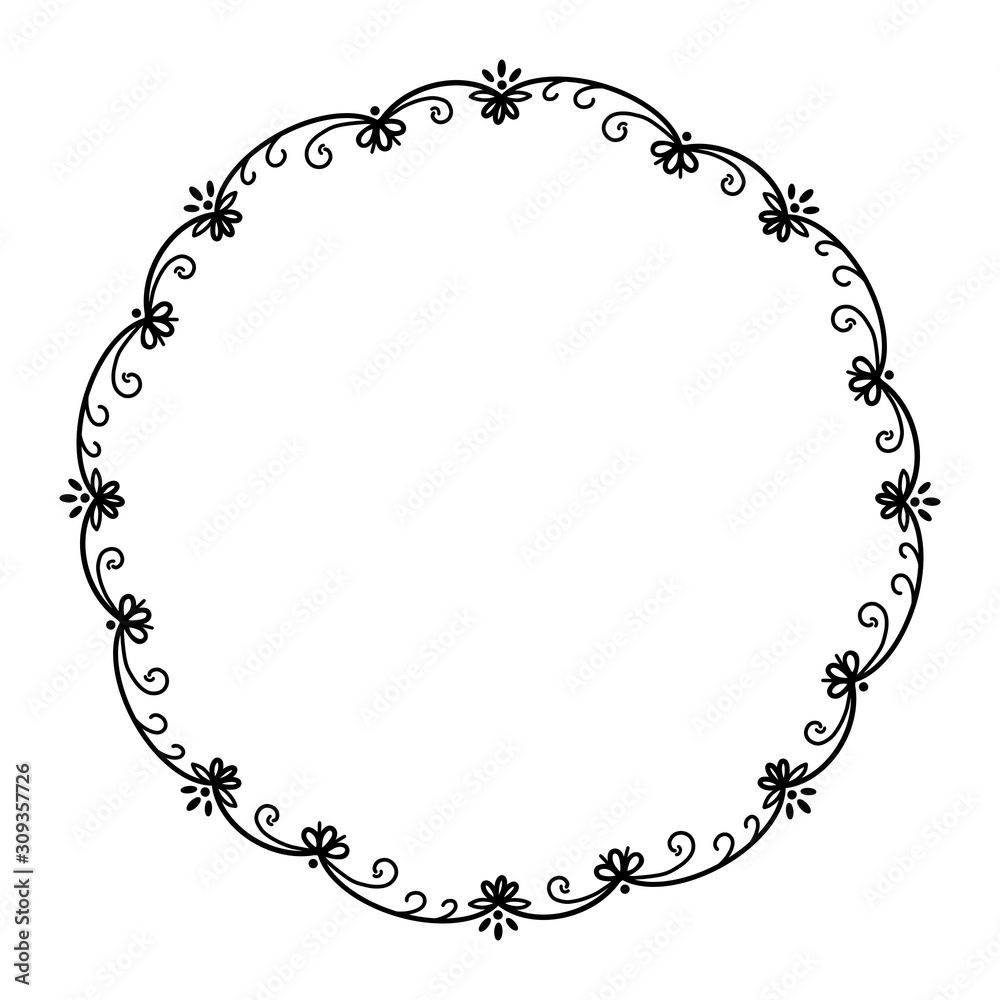 Black and white floral round frame on a white background. Openwork frame of abstract flowers and elements with place for text. Black and white floral round frame on a white background. Openwork frame of abstract flowers and elements with place for text.