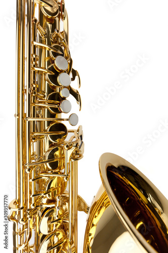 Detail of a tenor saxophone islolated on white