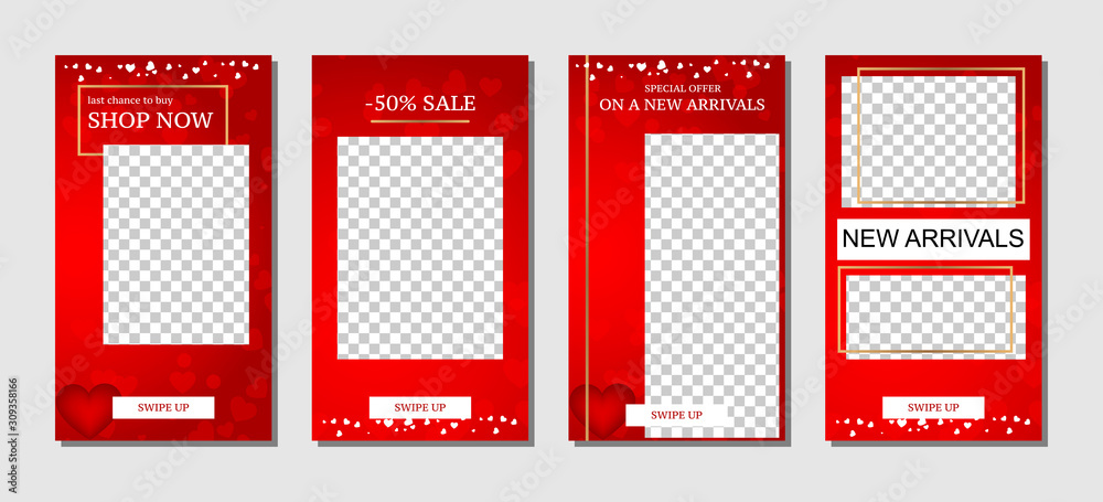 Commercial. Stories design, eps 10. Editable cover design for promotion. Valentine’s Day theme.