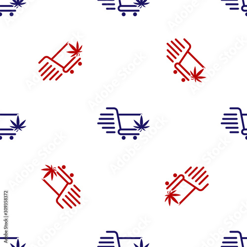 Blue and red Shopping cart with marijuana or cannabis leaf icon isolated seamless pattern on white background. Online buying. Delivery service. Supermarket basket. Vector Illustration
