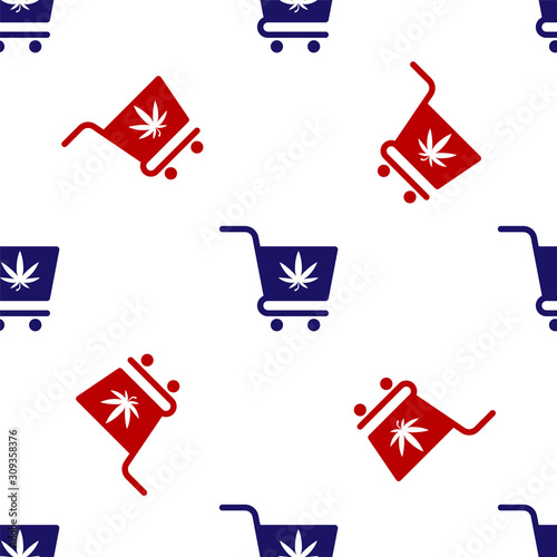 Blue and red Shopping cart with marijuana or cannabis leaf icon isolated seamless pattern on white background. Online buying. Delivery service. Supermarket basket. Vector Illustration