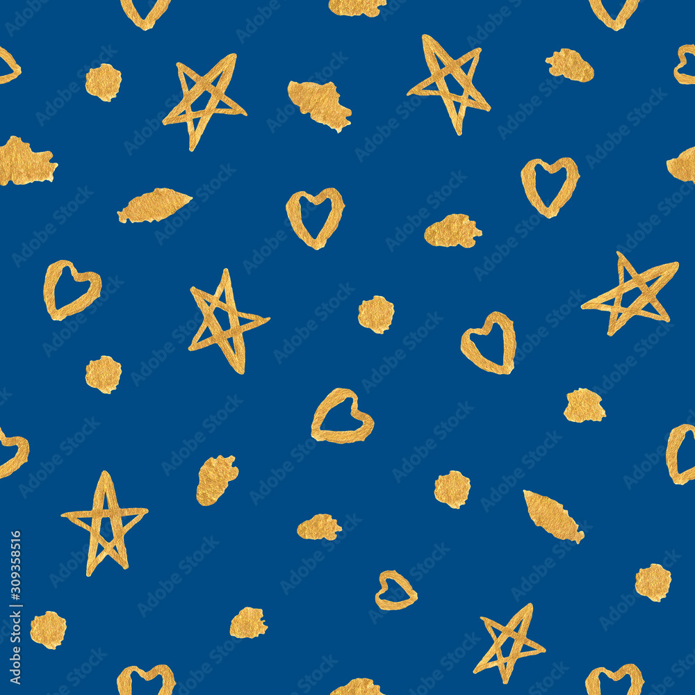 Watercolor abstract pattern with gold stars, hearts and watercolor spots on blue background, for Valentine's day, Christmas, gift wrapping, Wallpaper, textile Watercolor abstract pattern with gold stars, hearts and watercolor spots on blue background, for Valentine's day, Christmas, gift wrapping, Wallpaper, textile
