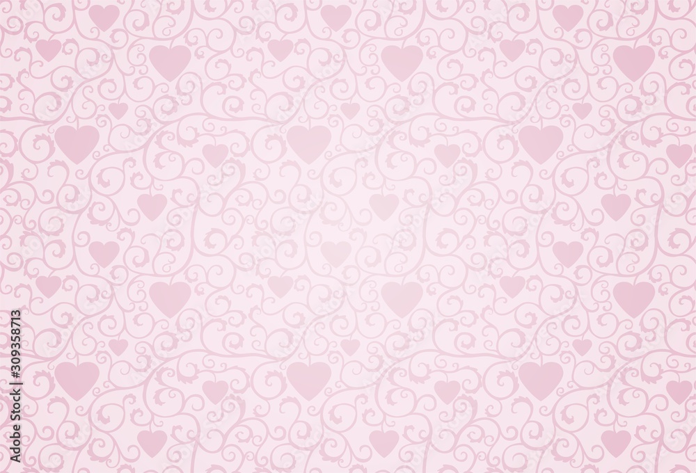 Pink background with curls and hearts, retro style.