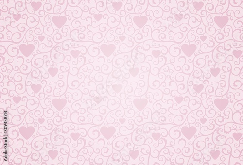 Pink background with curls and hearts, retro style.