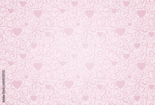 Pink background with curls and hearts, retro style. © murika