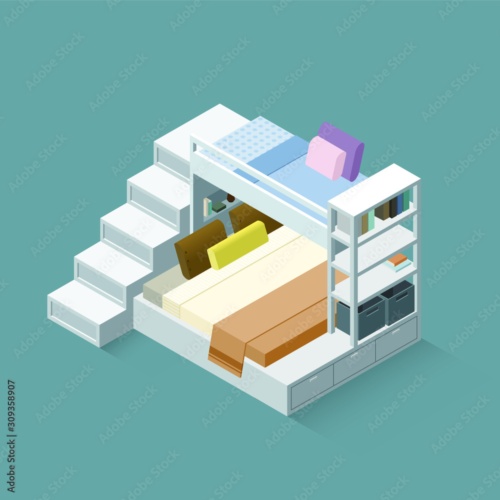 Vector isometric bunk bed combination for three people. Interior isolated object for small apartment or studio variant. Two level sleeping place with stairs. 