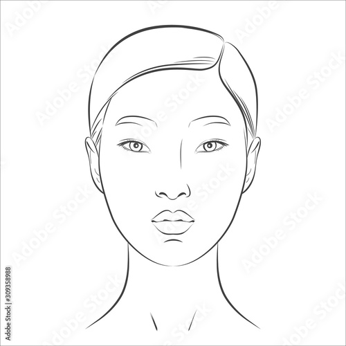 Asian Woman face. Black and white line sketch front portrait