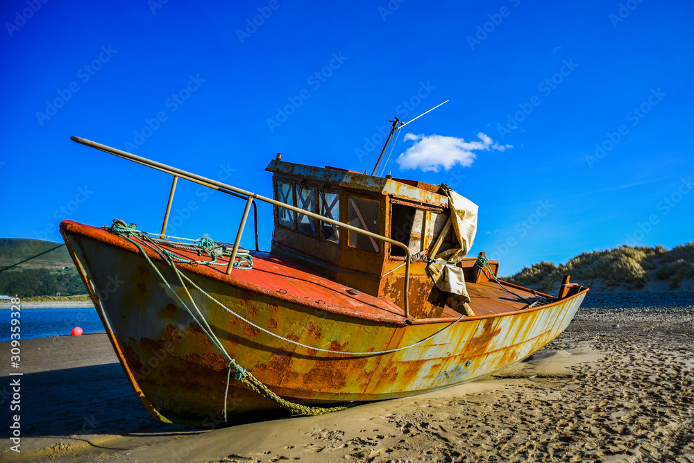 Obraz premium Rusty abandoned ship ashore at low tide.