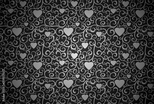 Black background of silver curls and hearts, retro style.