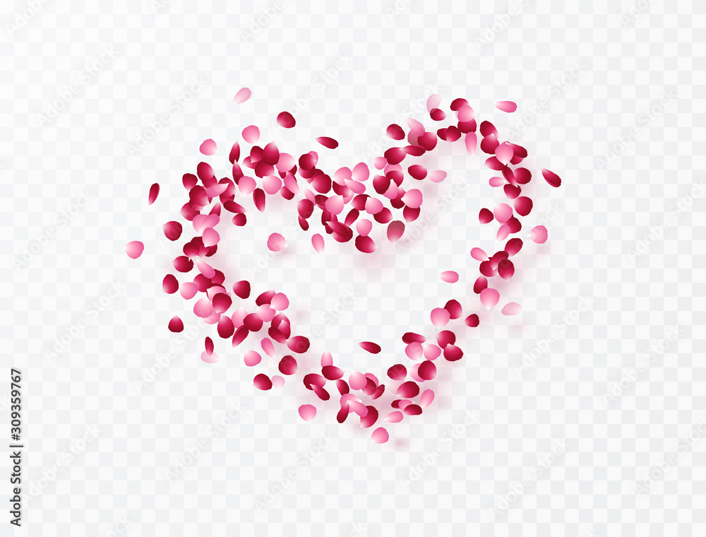 Heart of rose flower petals isolated on transparent background. Vector pink symbol of love for Happy Mother's, Valentine's Day greeting card design..