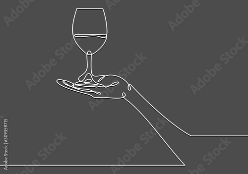Continuous line drawing of hand holding glass. Template for your design. illustration.