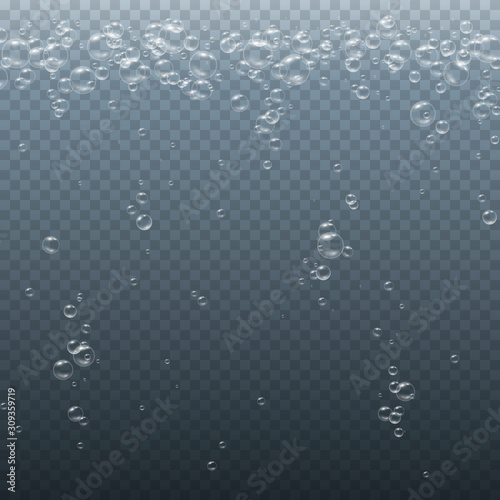Bubbles underwater texture isolated on transparent background. Vector fizzy air, gas or under water patern. Realistic champagne drink, soda effect..