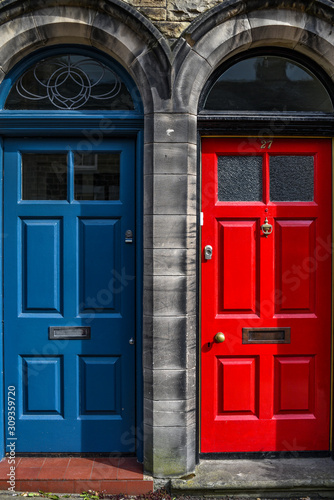 Traditional home door in England in red and blue.