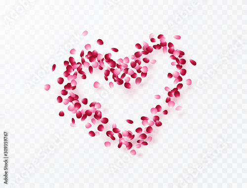 Heart of rose flower petals isolated on transparent background. Vector pink symbol of love for Happy Mother's, Valentine's Day greeting card design..