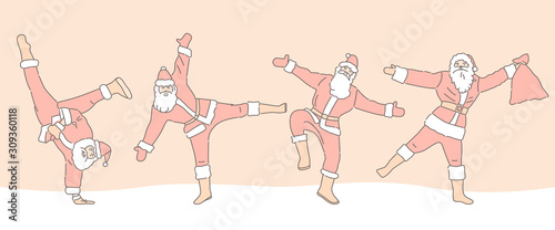 Set of cartoon Christmas illustrations isolated on color background. Funny happy Santa Claus character with gift, bag with presents, dancing. For Christmas cards, coloring banner. Line art vector.