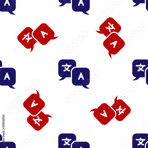 Blue and red Translator icon isolated seamless pattern on white background. Foreign language conversation icons in chat speech bubble. Translating concept. Vector Illustration