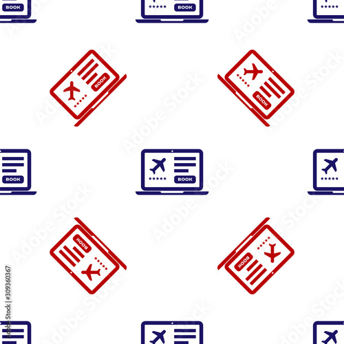 Blue and red Laptop with electronic boarding pass airline ticket icon isolated seamless pattern on white background. Passenger plane mobile ticket for web and app. Vector Illustration