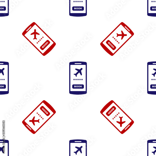 Blue and red Smartphone with electronic boarding pass airline ticket icon isolated seamless pattern on white background. Passenger plane mobile ticket for web and app. Vector Illustration