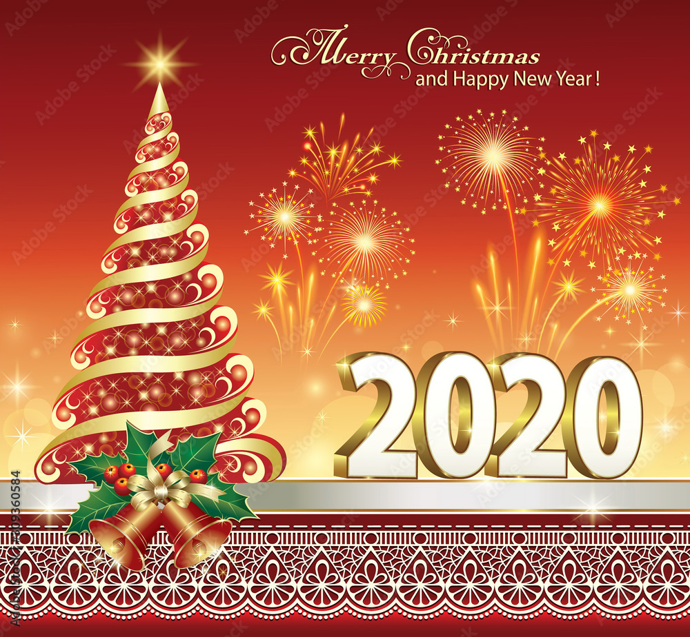Postcard with New Year tree 2020 on a red background with fireworks and decoration