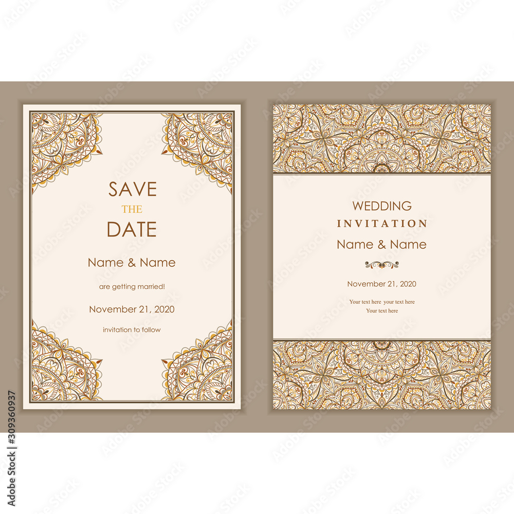 Wedding Invitation and save the date card Eastern style. Arabic Pattern. Mandala ornament. Frame with flowers elements. Vector illustration. Wedding Invitation and save the date card Eastern style. Arabic Pattern. Mandala ornament. Frame with flowers elements. Vector illustration.